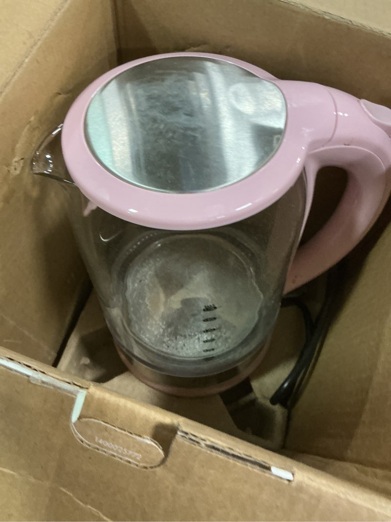 Condition photo showing As Is for GreenLife 1.7 Liter Glass Electric Kettle, Easy One Touch Use, Quick Heating, Filtered Spout, LED Base, Auto Shut-Off, Cordless Serving, Coffee and Tea, Pink