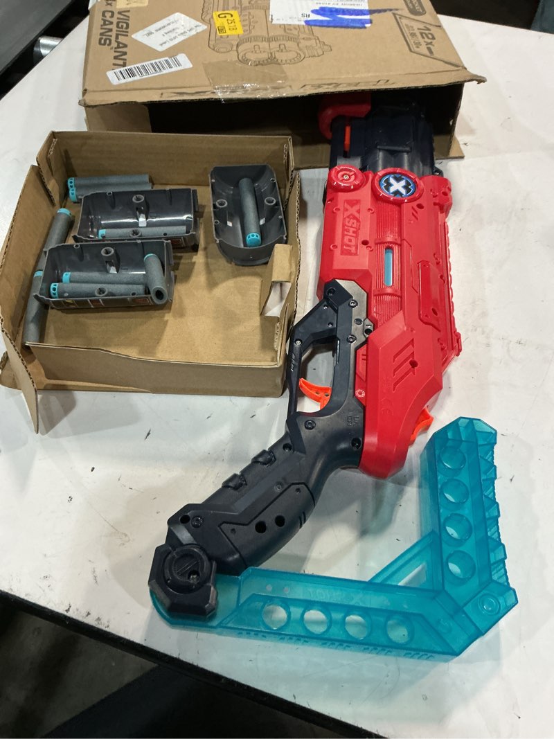 Condition photo showing Good Condition for xshot excel vigilante (12 darts + 4 shooting targets) by zuru, xshot red foam dart blaster, toy blaster, twin barrels pump action, quick-fire, toys for kids, teens, adults (red)