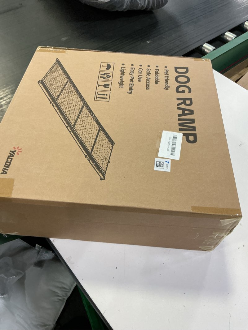 Condition photo showing New/Like New for dog ramp for car 63" x 17", folding pet ramp for large dogs with non-slip rug surface, portable dog car ramp for suv car & truck 63" l x 17.3" w