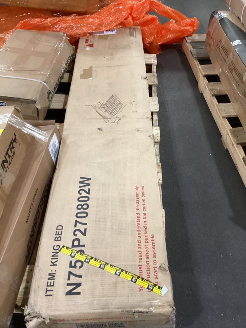 Condition photo showing As Is for Merax King Size Bed Frame with 2 Nightstands and 2 Floating Shelves, Contemporary Platform Bed with Brown Polyester Upholstered Headboard, Middle Legs Support, No Box Spring Needed White Brown King(not complete)