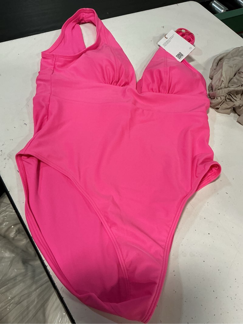 Condition photo showing New/Like New for italian plunge one-piece swimsuit, l, bubblegum pink