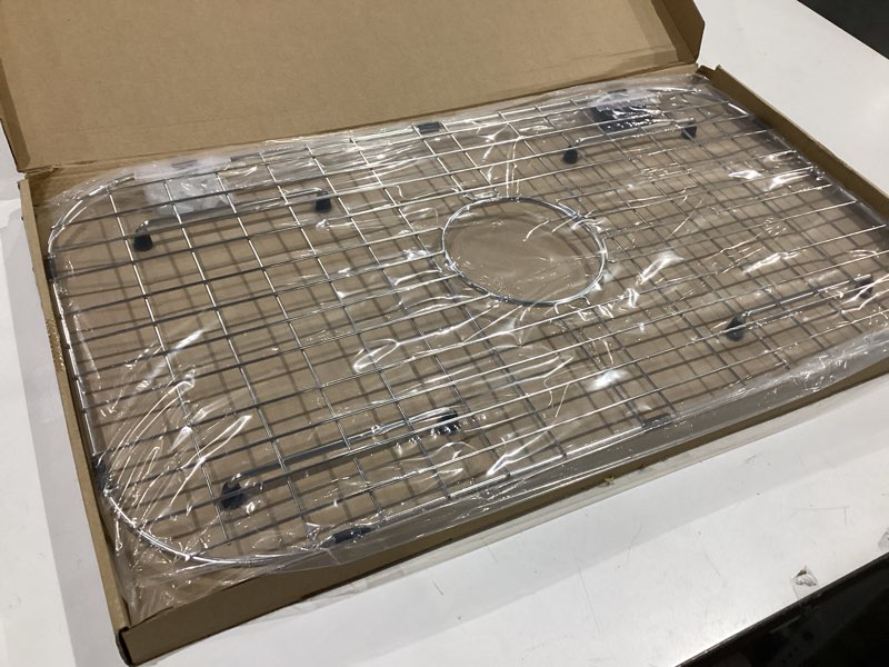 Condition photo showing New/Like New for sink protector grid 26-1/16" x 14-1/16", centered drain with corner radius 3-1/2", 304 stainless steel material (centered drain) for single bowl kitchen sink 26-1/16" x 14-1/16" centered drain