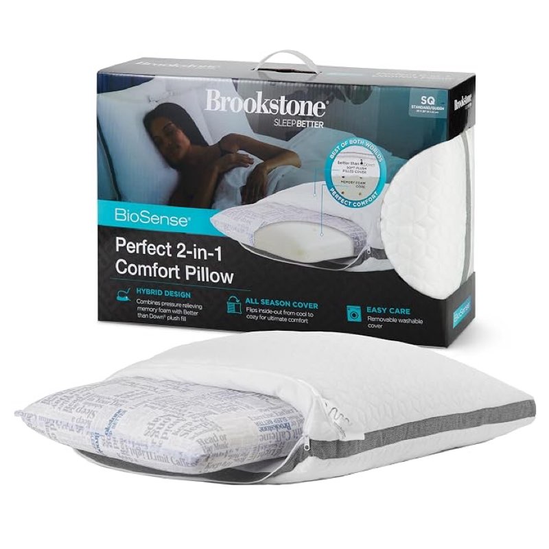 brookstone 2-in-1 comfort memory foam pillow with better than down fill for firm yet plush feel | innovative hybrid design bed pillow with dual-sided cool & warmth comfort all seasons | soft pillow