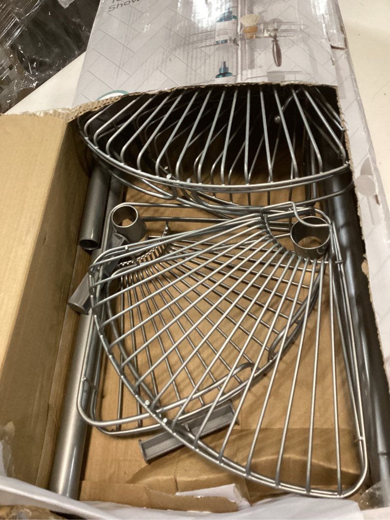 Condition photo showing As Is for Zenna Home Tension Pole Shower Caddy Corner Organizer, Adjustable Standing Shower Caddy with 4 Baskets and Built in Towel Bar, Rust Resistant Bathroom Tension Rod Organizer, 60 to 97 Inch, Chrome