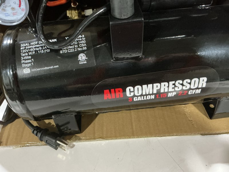 Condition photo showing As Is for (similar) portable air compressor with 3 gallon steel tank, 1.15 hp 2.2 cfm @ 90 psi, 116 max psi oil-free air compressor for garage, home use, tire inflation, nail gun, diy projects,110v