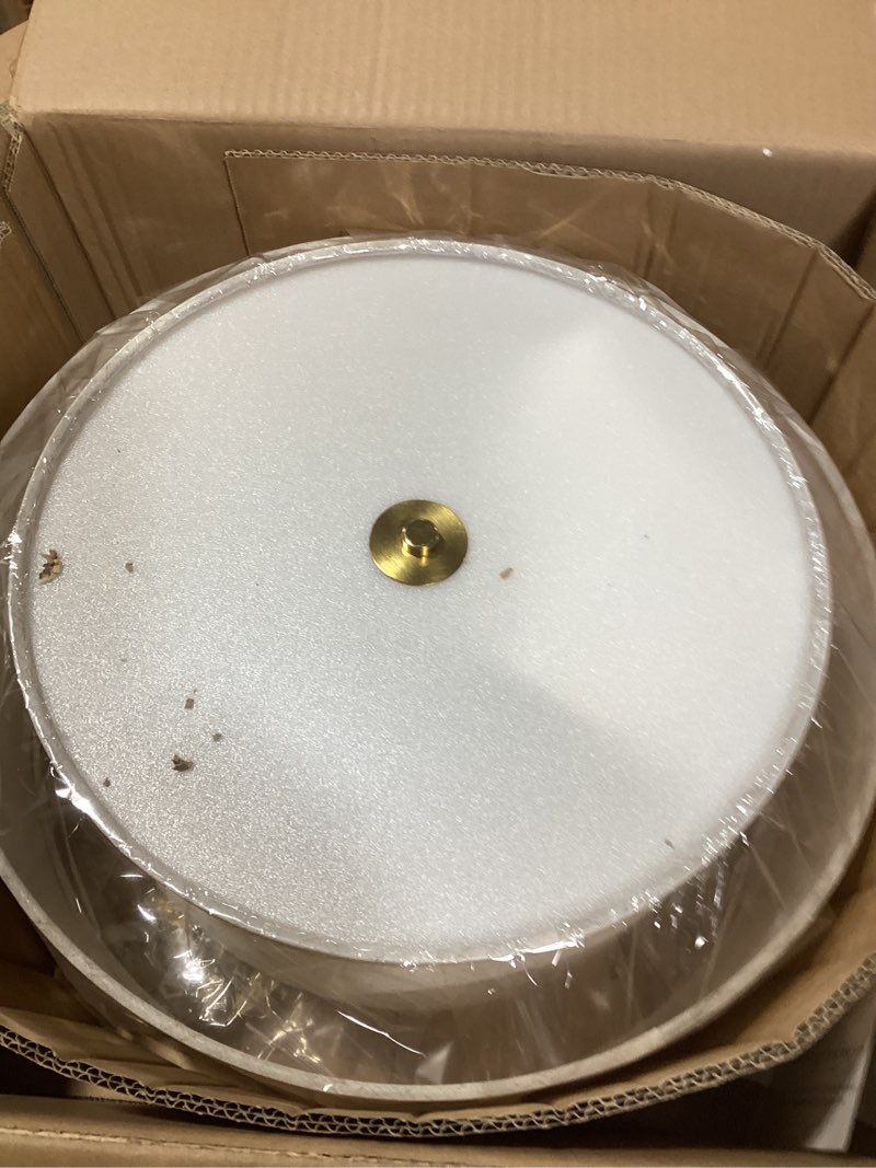 Condition photo showing New/Like New for 16" double drum gold 3-light semi flush mount ceiling light, classic fabric linen shade design for living room, bedroom, kitchen, dining room, hallway and entryway