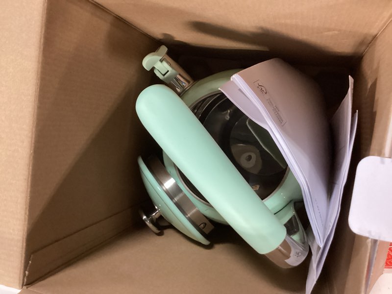 Condition photo showing As Is for SMEG 50's Retro Style Electric Water Kettle with Automatic Shutoff, Removable Base, and Water Indicator, KLF03PBUS, Pastel Green 1.8 Quarts Pastel Green