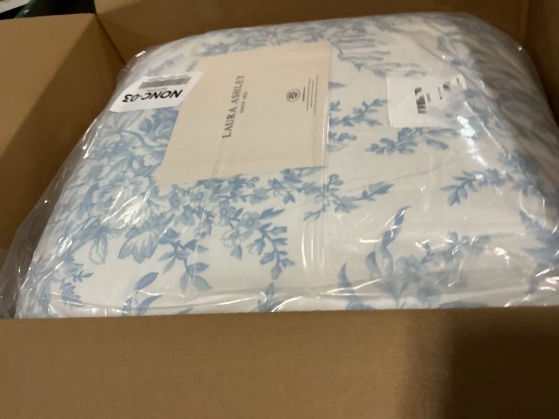 Condition photo showing Good Condition for Laura Ashley- King Comforter Set, Cotton Reversible Bedding Set with Matching Sham(s), Farmhouse Home Décor (Bedford Blue, King) Bedford Blue King