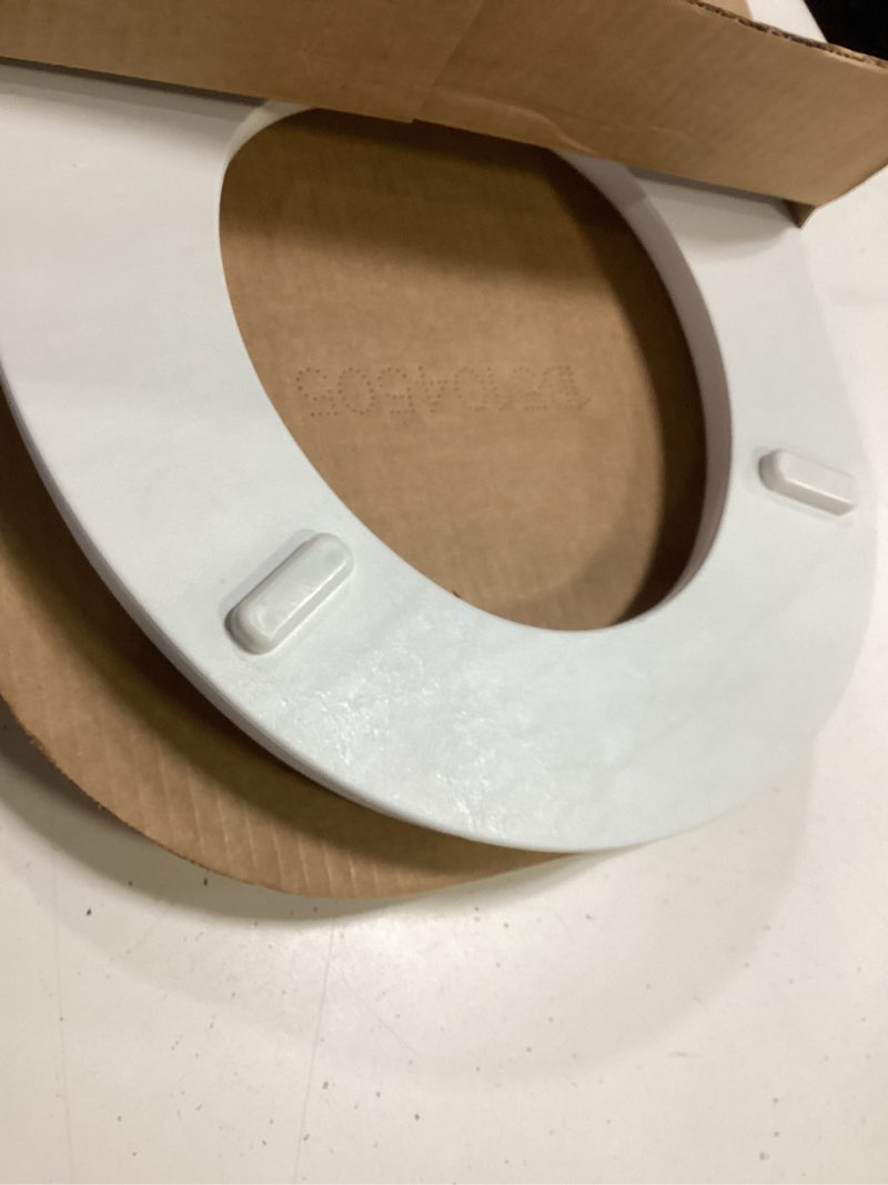 Condition photo showing Good Condition for mayfair padded toilet seat, cushioned soft vinyl over wood core seat, secure hinges, easy clean, made in usa, round, white round white toilet seat