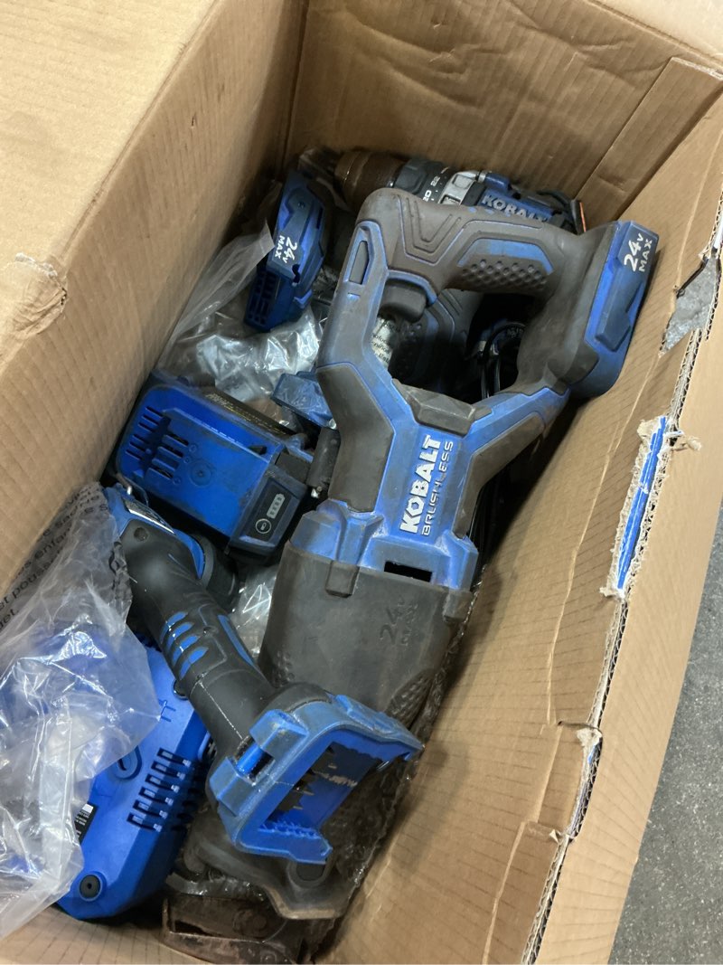 Condition photo showing As Is for kobalt 24-volt 4-tool brushless power tool combo kit with soft case (1-battery included and charger included)