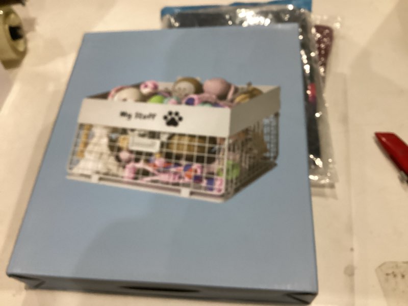 Condition photo showing New/Like New for Dog Toy Box- Metal Large Dog Toy basket for Small Dog - Dog Toy Storage Bin for Pet - Personalized Large Dog Toy Basket for Puppy and Pet- Dog Toy Organizer Holder Boxes for Living Room white