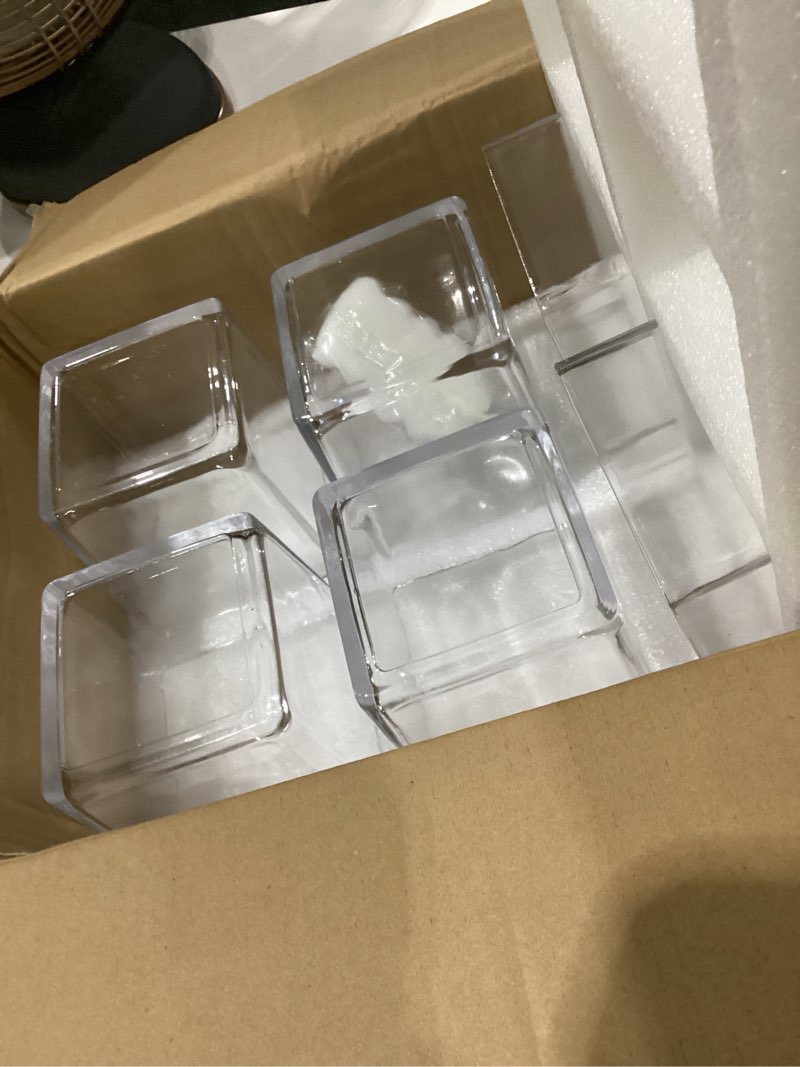 Condition photo showing Good Condition for set of 6 square glass vases 5" x5" x 5", clear flower vases for centerpieces, candle holder for wedding party events, home décor 5inch