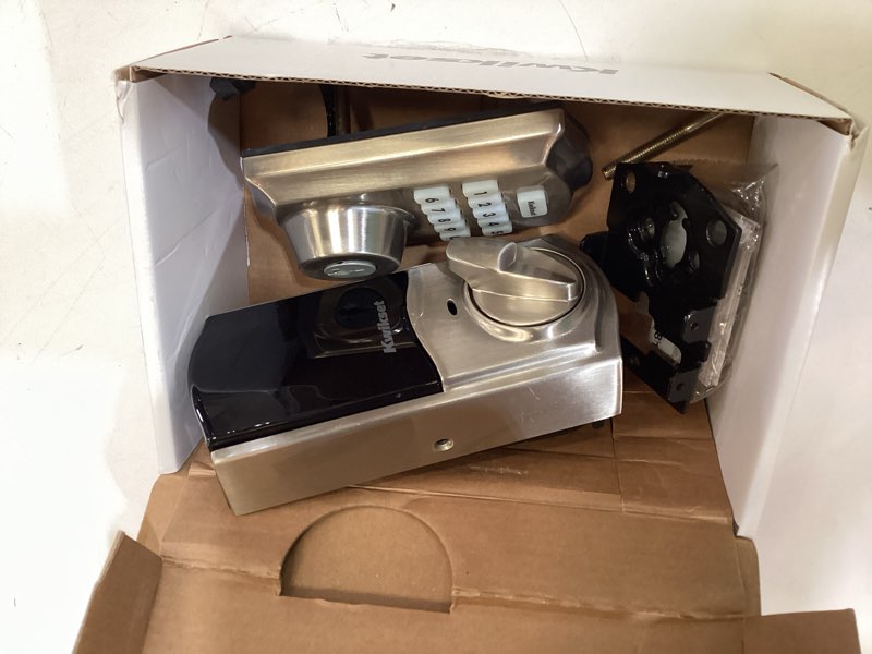 Condition photo showing As Is for kwikset powerbolt 250 10-button keypad satin nickel transitional electronic deadbolt door lock, featuring convenient keyless entry, customizable user codes, and auto-locking