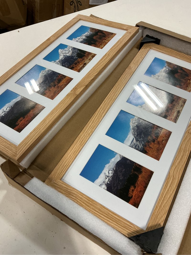 Condition photo showing Good Condition for hongkee 10x22 picture frame set of 2, natural oak wood frame with tempered glass collage frame, display pictures four with mat or 10x 22 without mat - horizontal or vertical wall mounting 10x22 in matted natural oak