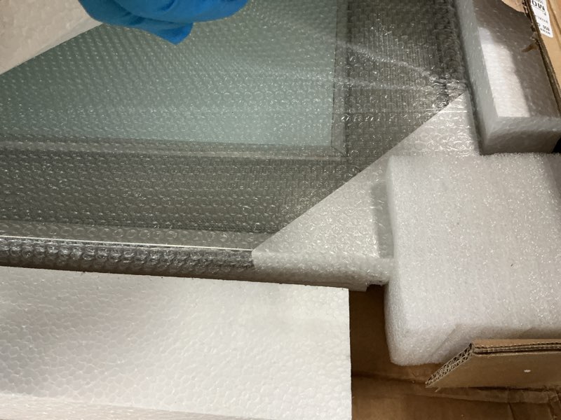 Condition photo showing New/Like New for Head West 29"x35" Pave Textured Beveled Framed Wall Mirror, Decorative Rectangular Wall Mirrors for Bathroom Sink, Bedroom, Living Room, and Entryway, Chrome