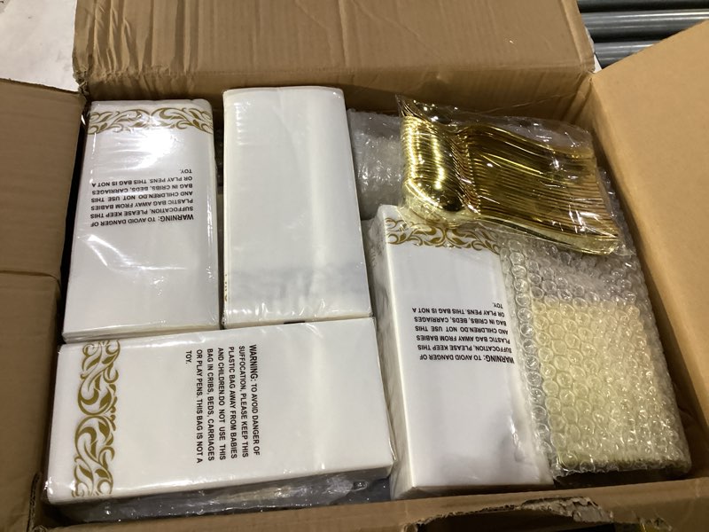 Condition photo showing New/Like New for goodluck 700 pieces gold dinnerware set for 100 guests, disposable for party, include: 100 gold rim dinner plates, 100 dessert plates, 100 paper napkins, 100 cups, 100 plastic silverware set gold 100 guests