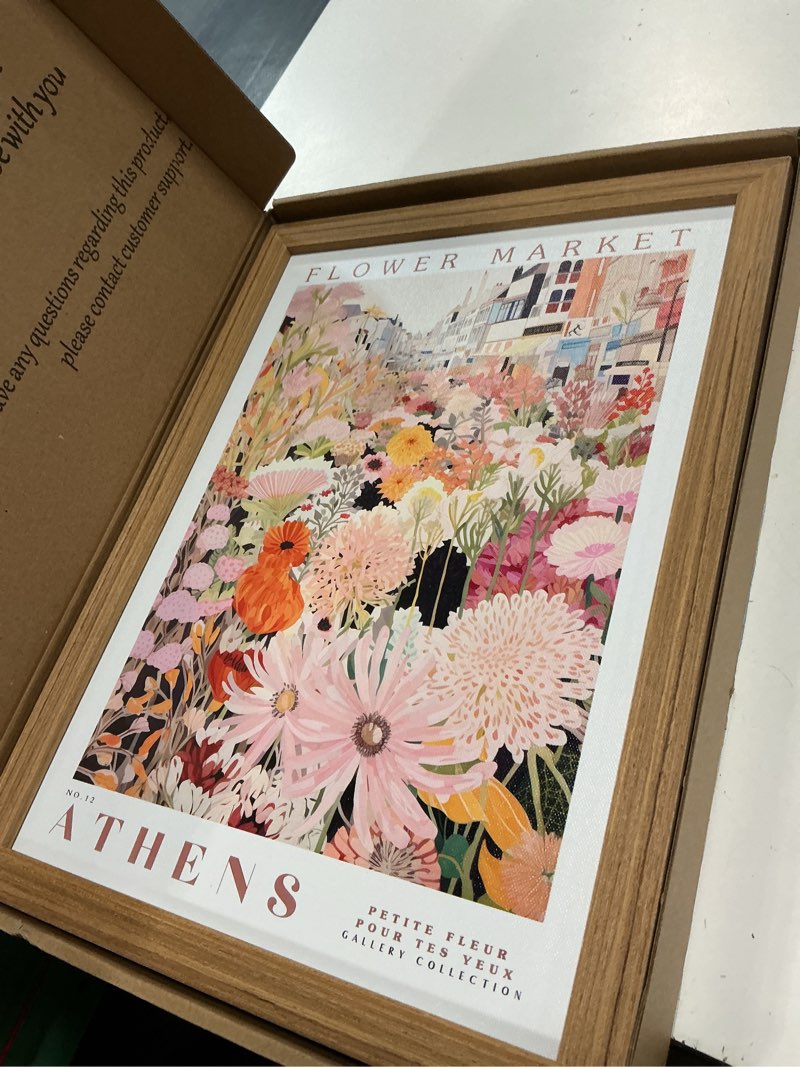 Condition photo showing Good Condition for floral wall art set of 3, colorful flower market canvas wall decor paintings, pink wildflower botanical posters prints pictures artwork for bedroom living room 12x16 inch wood framed colorful flower framed 16l" x 12w"