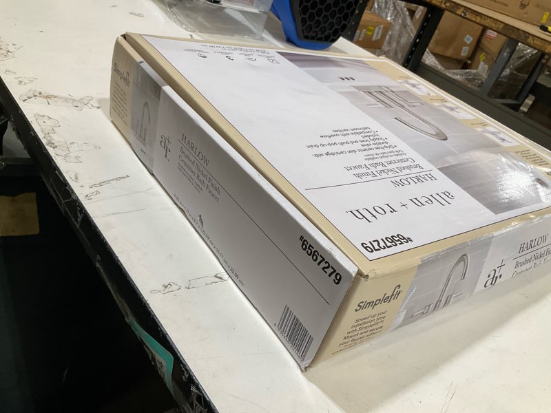 Condition photo showing As Is for allen + roth harlow simplefit brushed nickel pvd 4-in centerset 2-handle watersense mid-arc residential handle bathroom sink faucet with drain with deck plate