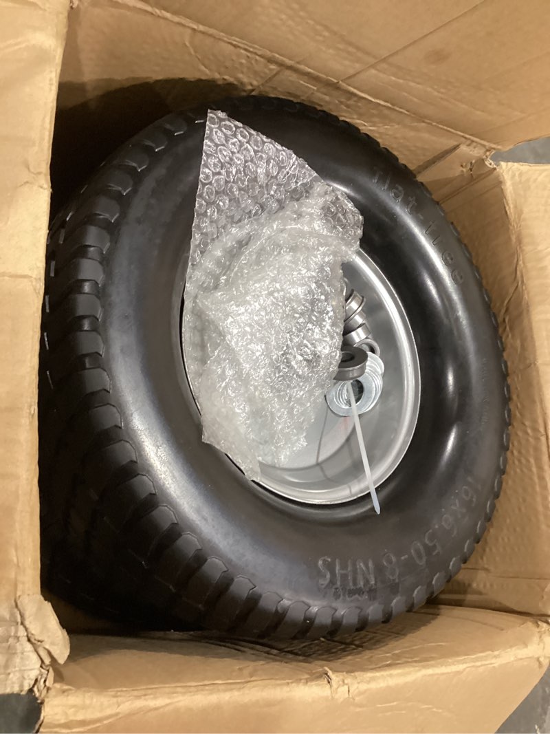 Condition photo showing Good Condition for ar-pro (2-pack) 16x6.50-8 flat free tire and wheel, solid lawn mower tire with 3"-4.3" centered hub & 3/4" bushings, compatible with riding mower graden tractor 16 x 6.50-8" flat-free (centered hub) silver