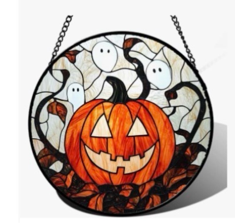 HWRHTR Stained Glass Window Hanging - Halloween Decorations Pumpkin Ghost Suncatcher for Doors Garde