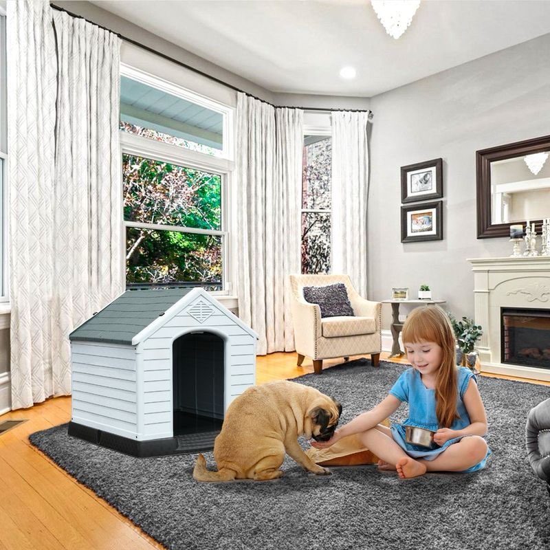 28.5" Plastic Dog House Water Resistant with Air Vents and Elevated Floor, White&Grey