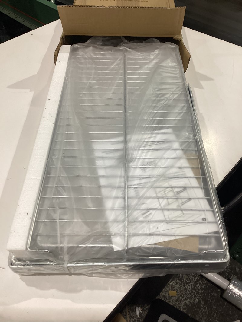 Condition photo showing New/Like New for ezkaza pull out cabinet organizer 11.5" w x 21" d, 2-tier kitchen cabinet pullout shelf and drawer organizer slide out pantry storage basket, 10.2" w x 21" d x 2.4" h for bottom basket size