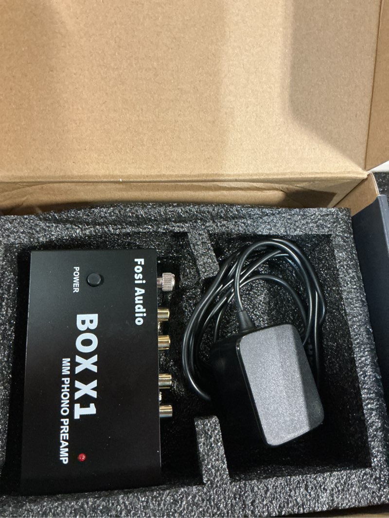 Condition photo showing As Is for fosi audio box x1 phono preamp for mm turntable mini stereo audio hi-fi phonograph/record player preamplifier with 3.5mm headphone and rca output with dc 12v power supply