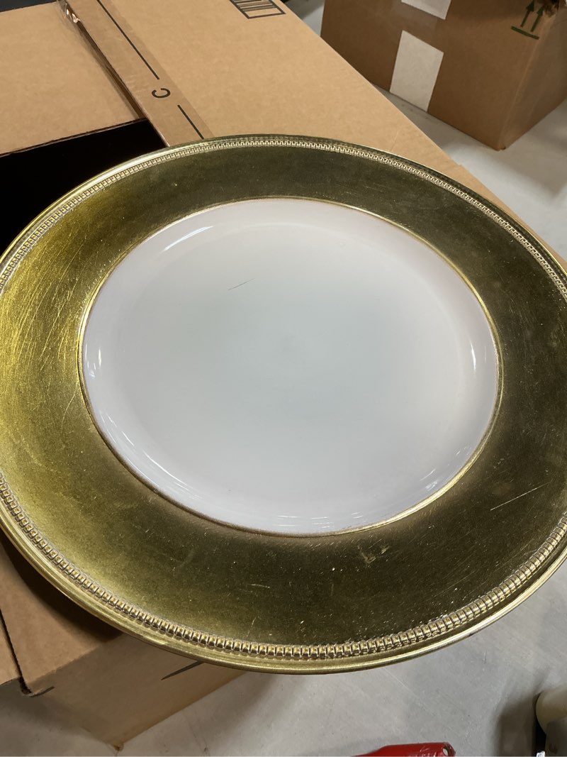 Condition photo showing As Is for Jay Import Gold Leaf Rim with White Center Charger