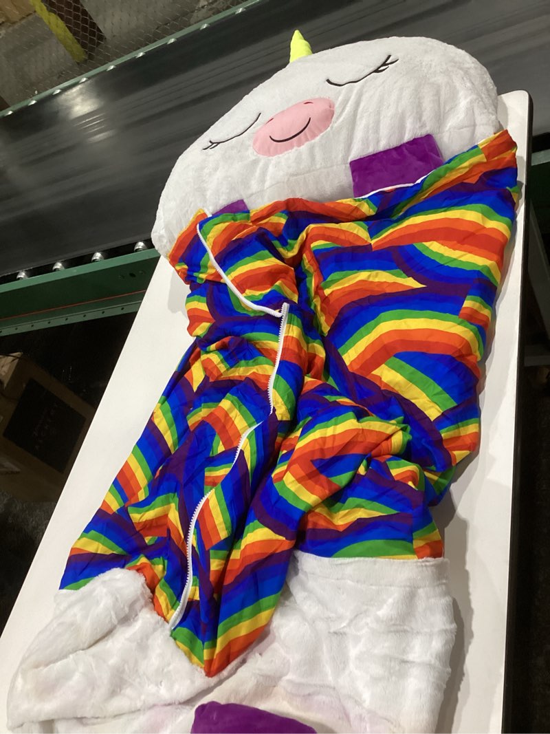 Condition photo showing As Is for happy nappers: pillow & sleepy sack: large - white unicorn - 66 x 30, 2-in-1: plush animal opens to sleeping bag, soft play & nap character, kids 3+ medium, missing zipper
