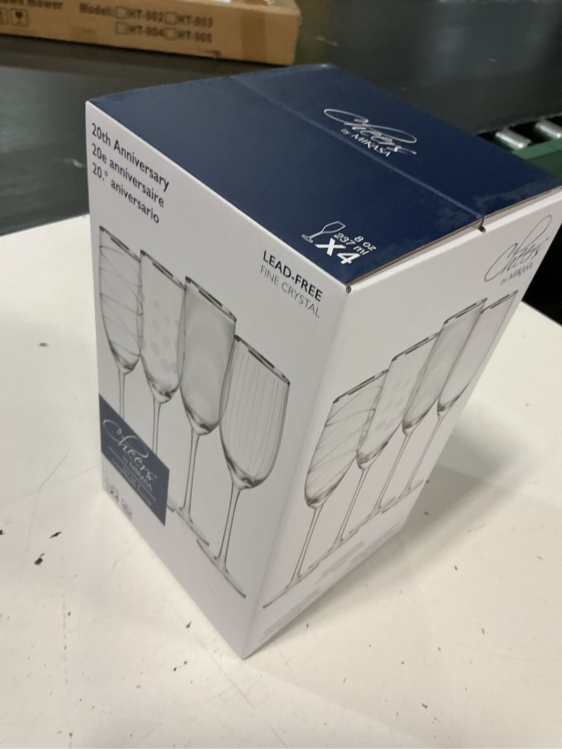 Condition photo showing New/Like New for mikasa cheers set of 4 platinum rim champagne flutes, 8 ounce