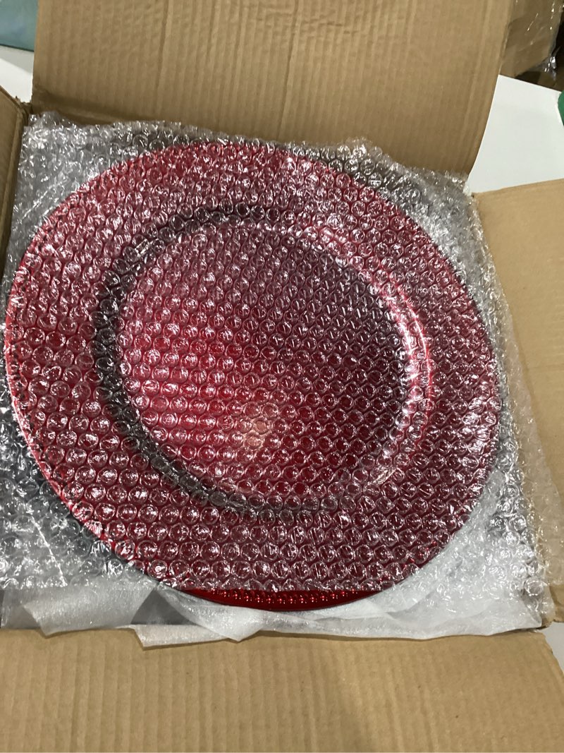 Condition photo showing New/Like New for red christmas charger plates set of 12, 13 inch round with red beaded edges, premium polypropylene holiday table chargers