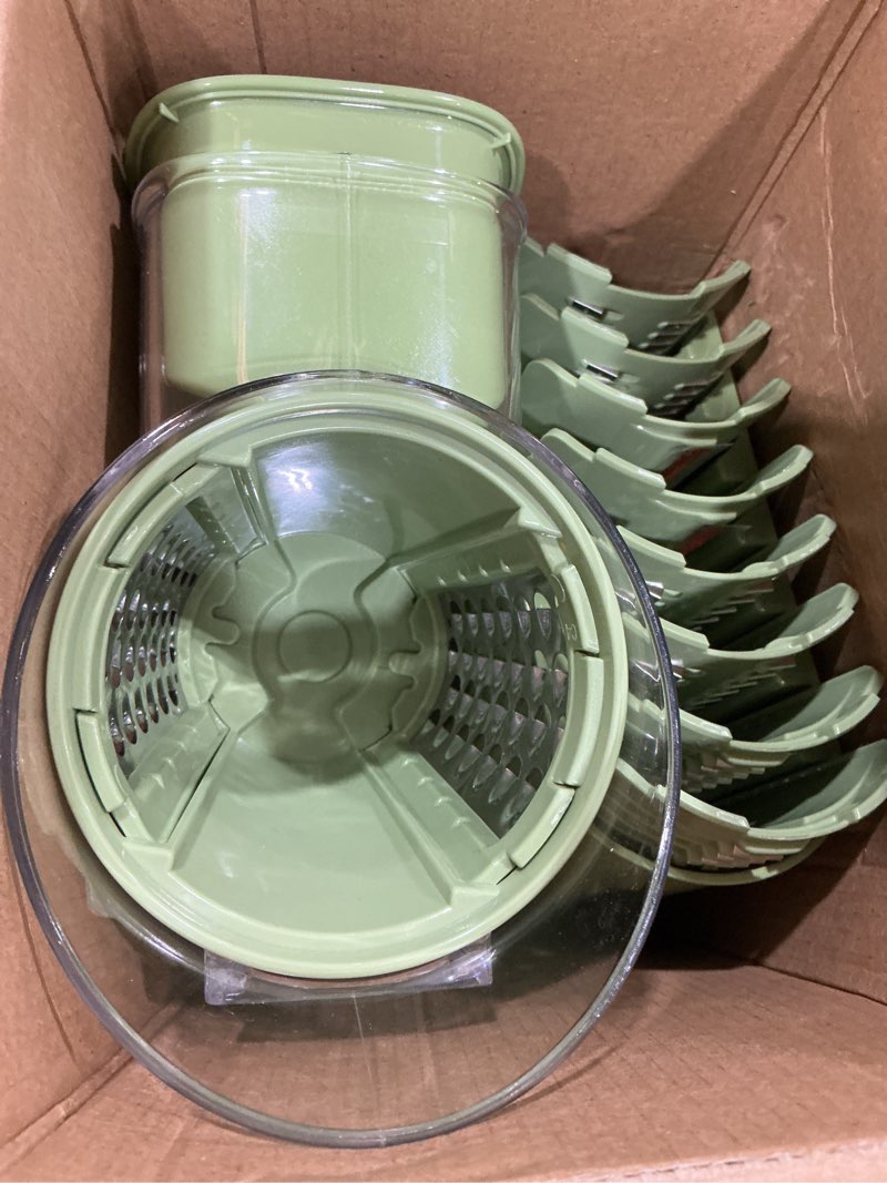 Condition photo showing Good Condition for susteas rotary cheese grater with handle - vegetable shredder with 5 well-designed blades & strong suction base,round mandoline slicer & food chopper for kitchen,with blade storage box(retro green)