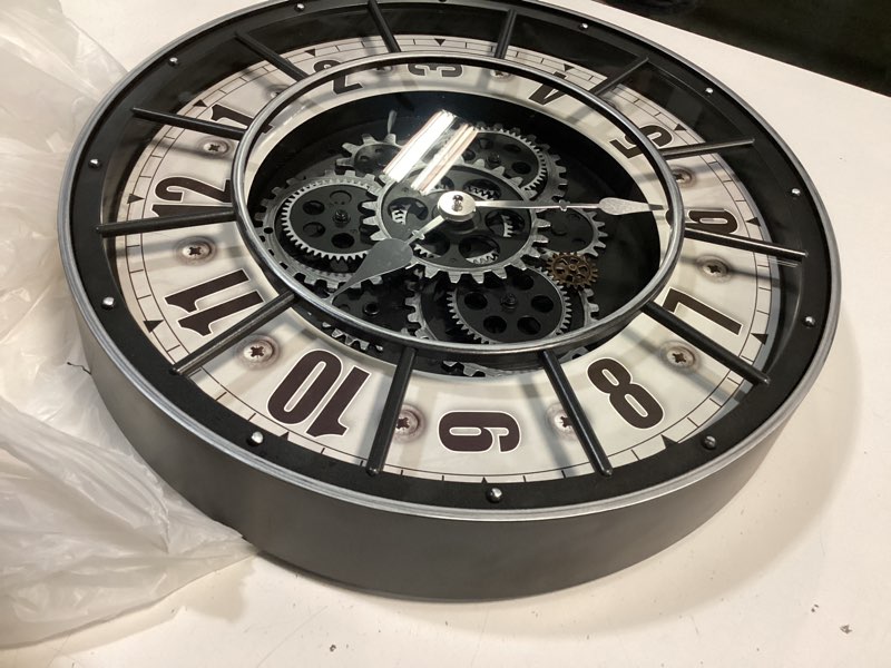 Condition photo showing Good Condition for 18 inch wall clock with moving gears, oversized large industrial steampunk decoration, antique metal big numeral wall clocks for kitchen study room living room decor (industrial metal silver-white)