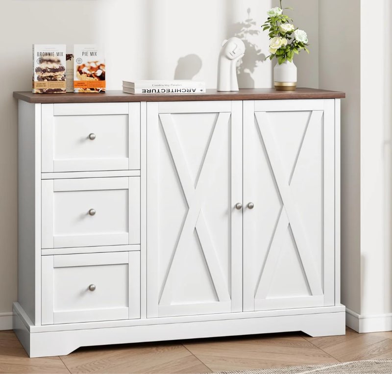 Garvee Buffet Cabinet with Storage, Farmhouse Kitchen Cabinet with 3 Drawers and 2 Doors, Storage Cabinet for Kitchen, Dining Living Room, White