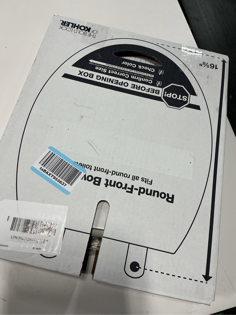 Condition photo showing New/Like New for kohler 20111-0 brevia, slow close toilet seat, round toilet seat, grip-tight bumpers quick-attach hardware, white