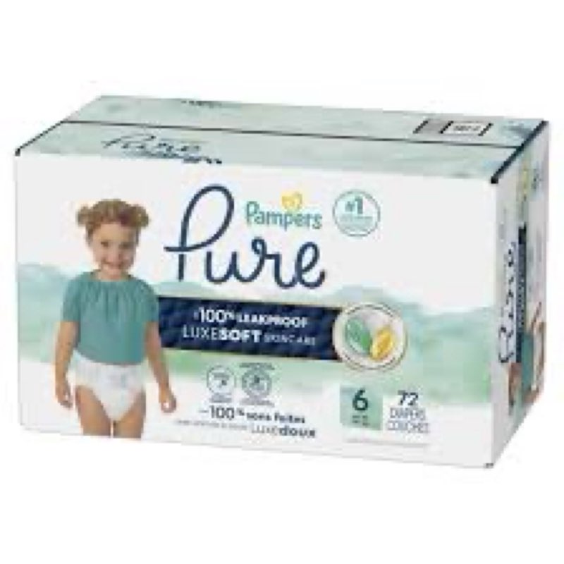 pampers pure baby diapers, size 6 (35+ lbs), 72, up to 100% leakproof