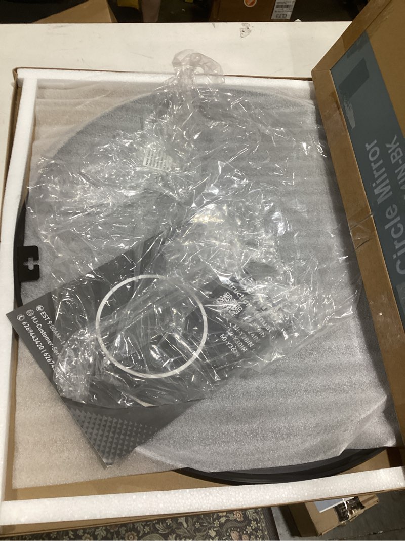 Condition photo showing As Is for bathroom mirror for wall, 24 inch round mirror, matte black metal framed circle vanity mirror for bathroom bedroom living room entryway, anti-rust, tempered glass, hanging or leaning round 24"l x 24"w matte black