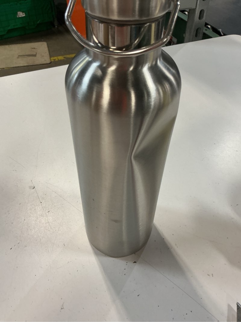 Condition photo showing As Is for bambaw stainless steel insulated water bottle 32 oz, stainless steel water bottles 32 oz with handle & wide mouth, rust-resistant metal, durable & great for travel (natural steel) 32 oz silver