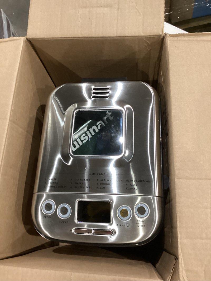 Condition photo showing Good Condition for cuisinart bread maker machine, stainless steel automatic bread machine with 12 menu options, 3 loaf sizes up to 2 lb., 3 crust colors, removable nonstick baking pan & kneading paddle, cbk-110nas