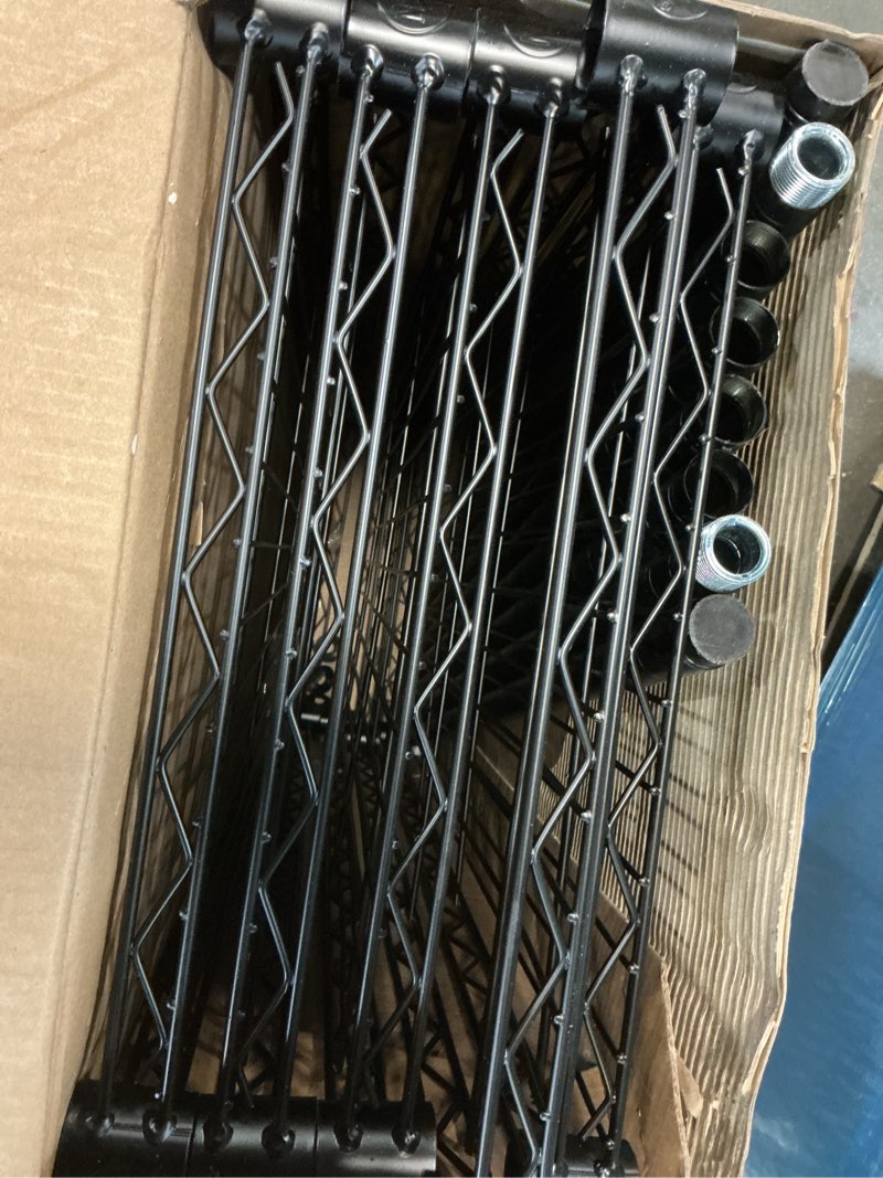 Condition photo showing As Is for hyper tough 5-tier wire storage shelves, 36" w x 16" d x 72" h, 1750 lb load capacity, black