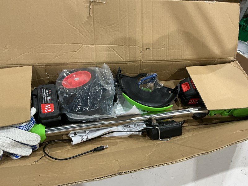 Condition photo showing As Is for weed wacker, 21v electric cordless weed eater 3types blades and 2×4.0ah battery powered, adjustable cutting angle & height,3 in 1stringless grass trimmer/lawn edger/brush cutter, for lawn yard garden