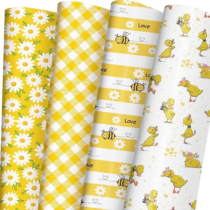 LaRibbons Easter Floral Wrapping Paper Jumbo Roll-30 Inch X 33 Feet, White Daisies on Yellow Design,