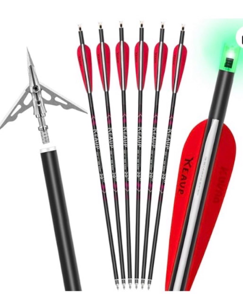KEAUP 20 inch Carbon Crossbow Bolts with Crossbow Broadheads and Lighted Nocks, 6 Pack Hunting Carbo