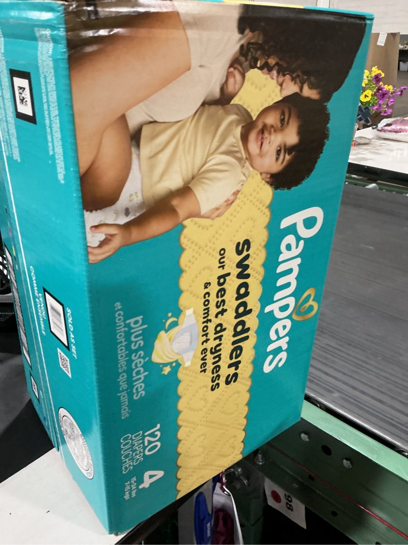 Condition photo showing New/Like New for pampers swaddlers diapers, size 4 (15-34 lbs), 120 count, absorbent, keeps baby dry and comfortable, skin safe disposable baby diaper (packaging may vary) size 4 120
