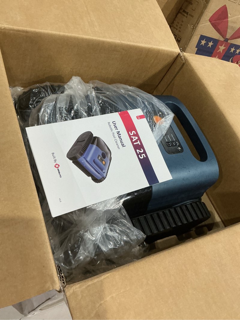 Condition photo showing As Is for cordless robotic pool vacuum, pool cleaner with track drive & sonar navigation, 180w brushless motor, wall & waterline climbing, 150-min runtime, for inground above-ground 2150 sq. ft. (dark blue)