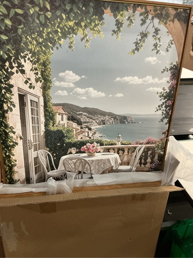 Condition photo showing Good Condition for modern french flower street framed canvas wall art set,romantic green landscape wall decor,vintage mediterranean bookstore neutral coast cityscape artwork for living room, bedroom-16 x24 x3 vintage city landscape wall art 16"l x 24"w