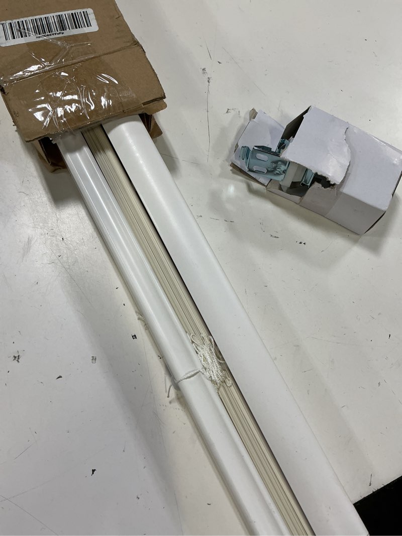 Condition photo showing As Is for dez furnishings cordless no tools 1" magnet mini blinds for metal doors, room darkening, 25" w x 42" h, white 25"w x 42"h