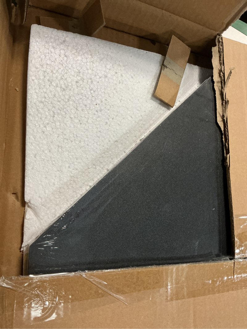 Condition photo showing As Is for 20-Inch Black Floating Corner Shelf, Pentagon Corner Wall Shelf with Wire Cable Hole for Bedroom, Living Room, Bathroom, Large Display Shelf for Cable Boxes/Games Consoles/TV Accessories