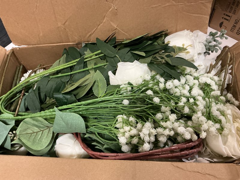 Condition photo showing Good Condition for 36 pcs white artificial flowers bouquet set 8 kind faux delphinium rose peony chrysanthemum hydrangea baby's breath florals with greenery long stem for wedding table centerpiece vase decor
