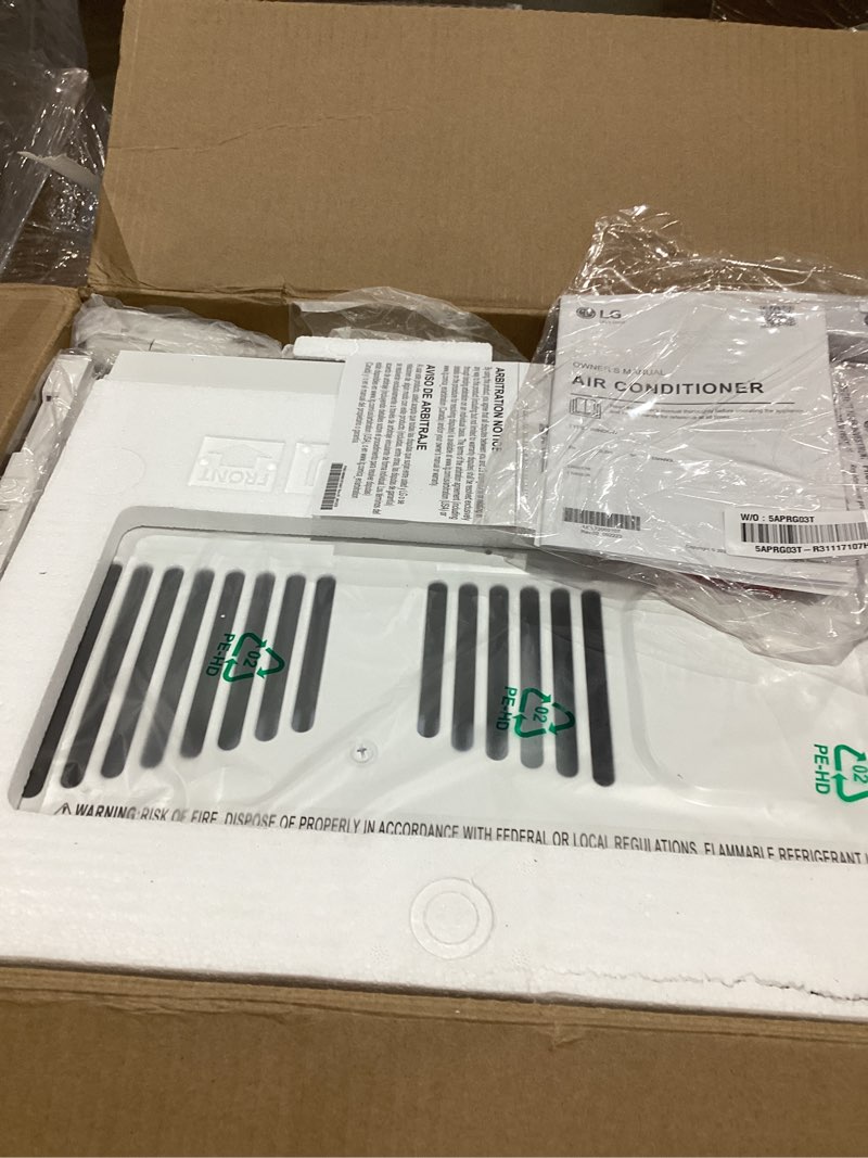 Condition photo showing New/Like New for lg 6,000 btu window air conditioner, 115v, cools 250 sq.ft. for bedroom, den, living room, quiet operation, with remote, 2 cooling & fan speeds, 2-way air deflection, auto restart, white 6000 btu electronic & standard white